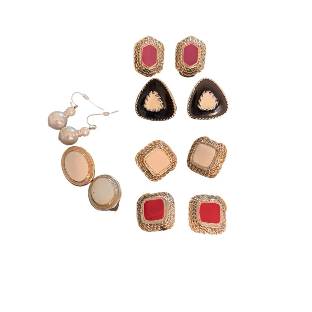 VTG Lot 6 Pr Clip On/Pierced Earrings Elegant Square Hexagon Drop Faux Stone